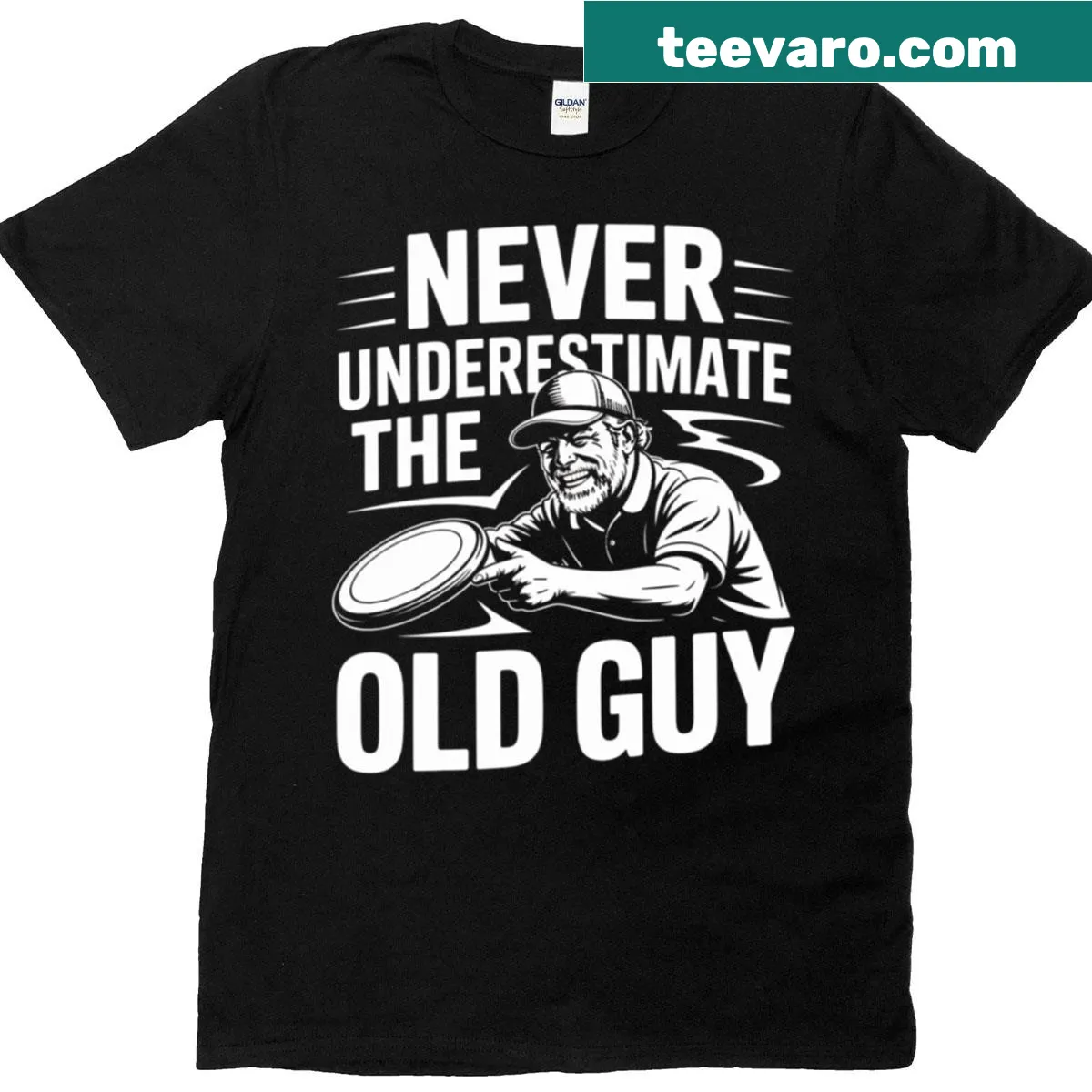Funny disc golf t-shirt with 'Never Underestimate The Old Guy' design — on a men's t-shirt