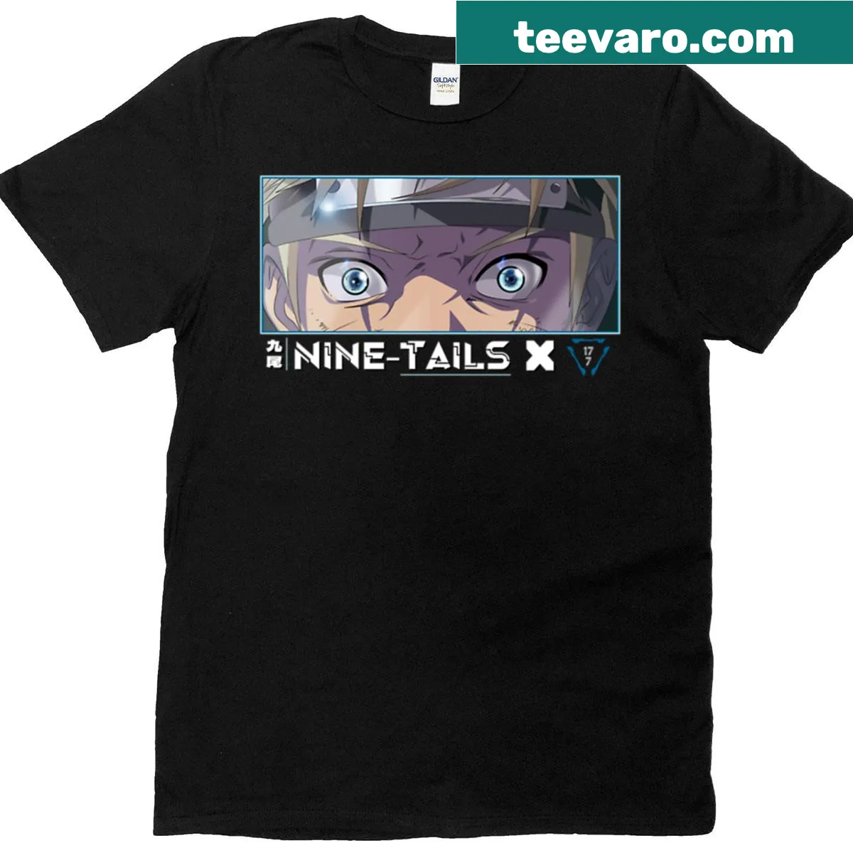 Anime-inspired t-shirt featuring nine tails and expressive eyes — on a men's t-shirt