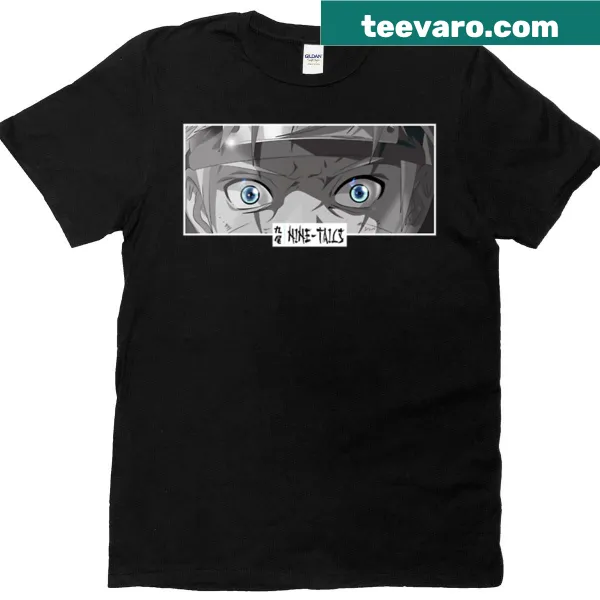 Monochrome anime T-shirt with nine tails and expressive eyes design