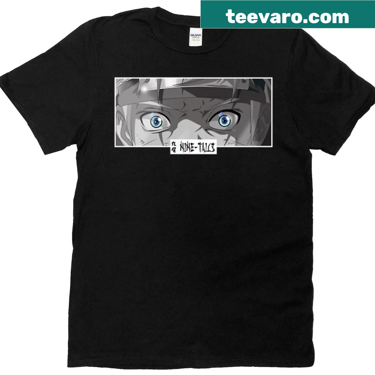 Monochrome anime T-shirt with nine tails and expressive eyes design — on a men's t-shirt