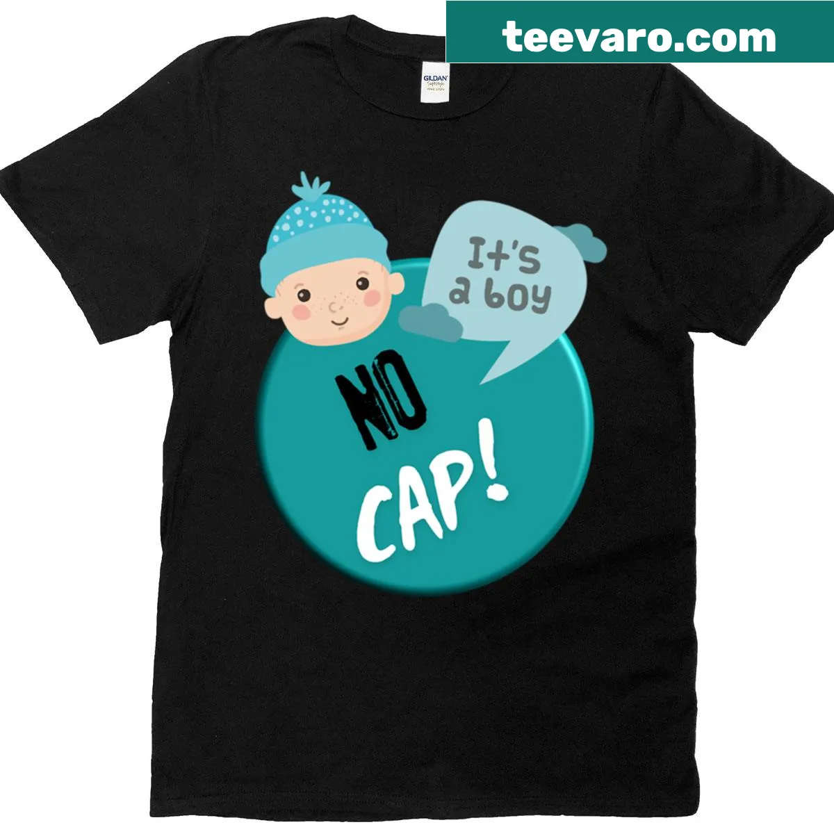 Cute baby boy T-shirt featuring a teal blue hat and the phrase 'No Cap, It's A Boy' — on a men's t-shirt