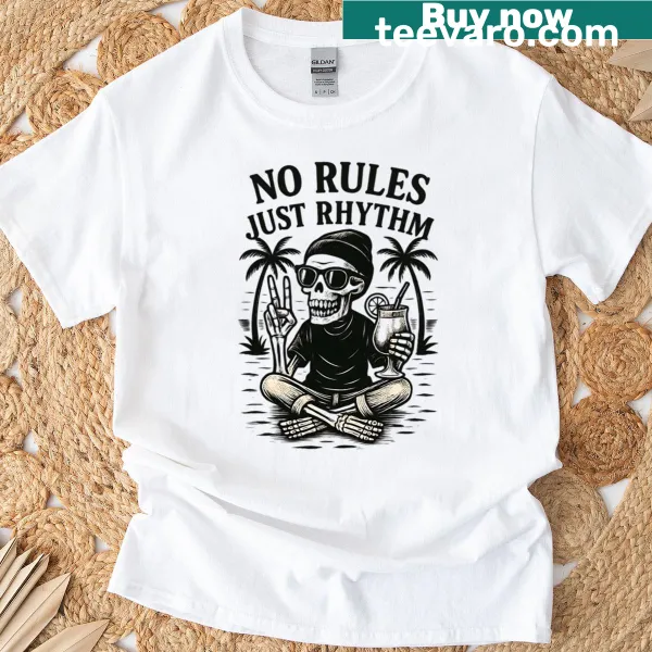 Playful tee featuring 'No Rules Just Rhythm' in bold typography