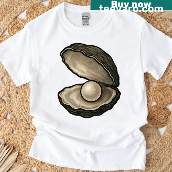 Cute oyster illustration with pearl on T-shirt