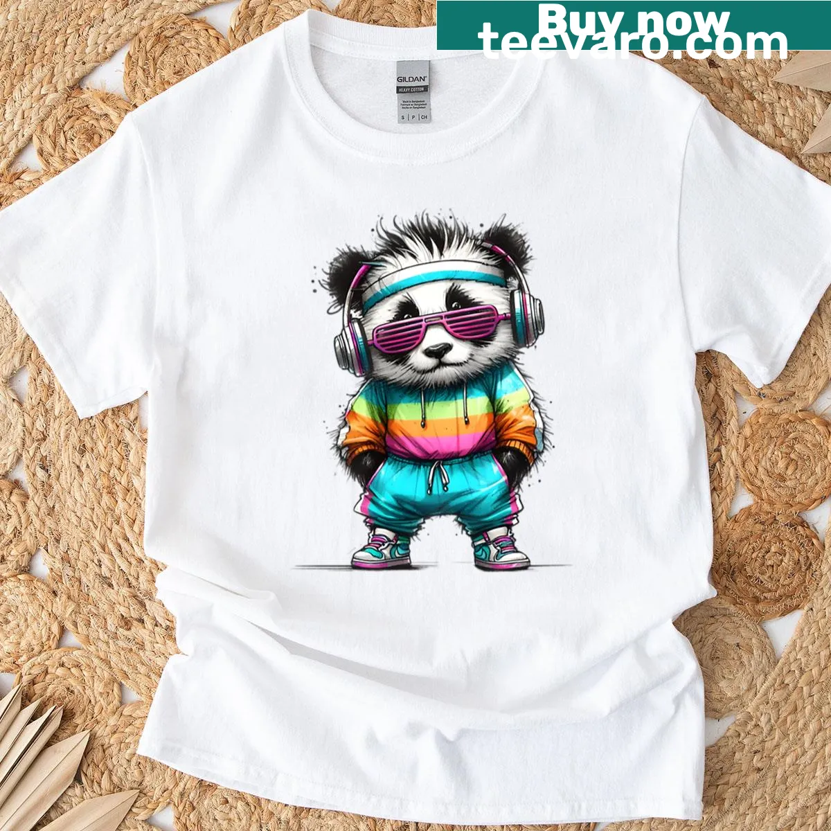 Retro T-shirt featuring a panda in 80s style — on a men's t-shirt