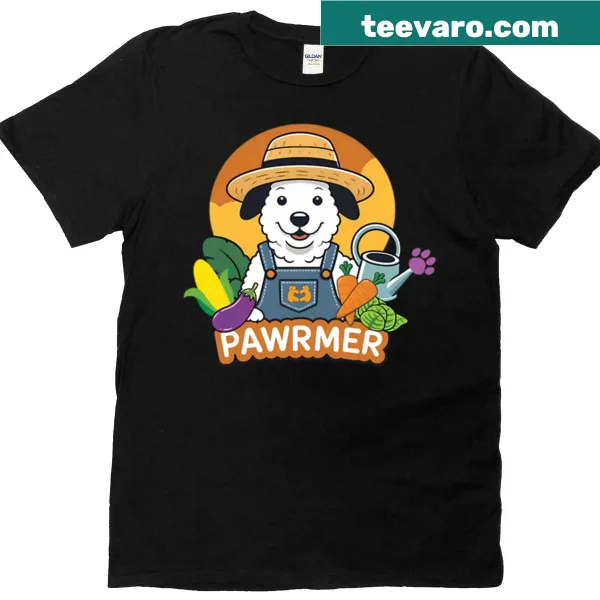Illustration t-shirt featuring a dog surrounded by vegetables in a garden.