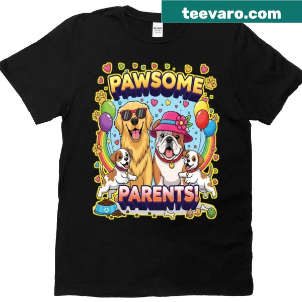 Cartoon design of dogs celebrating family life on a t-shirt