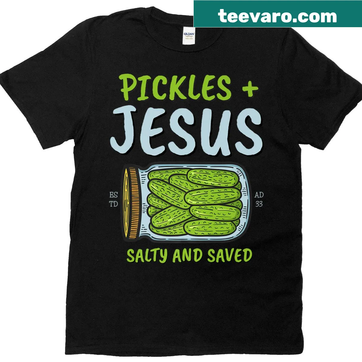 Funny Christian t-shirt with Pickles Jesus Salty And Saved graphic — on a men's t-shirt