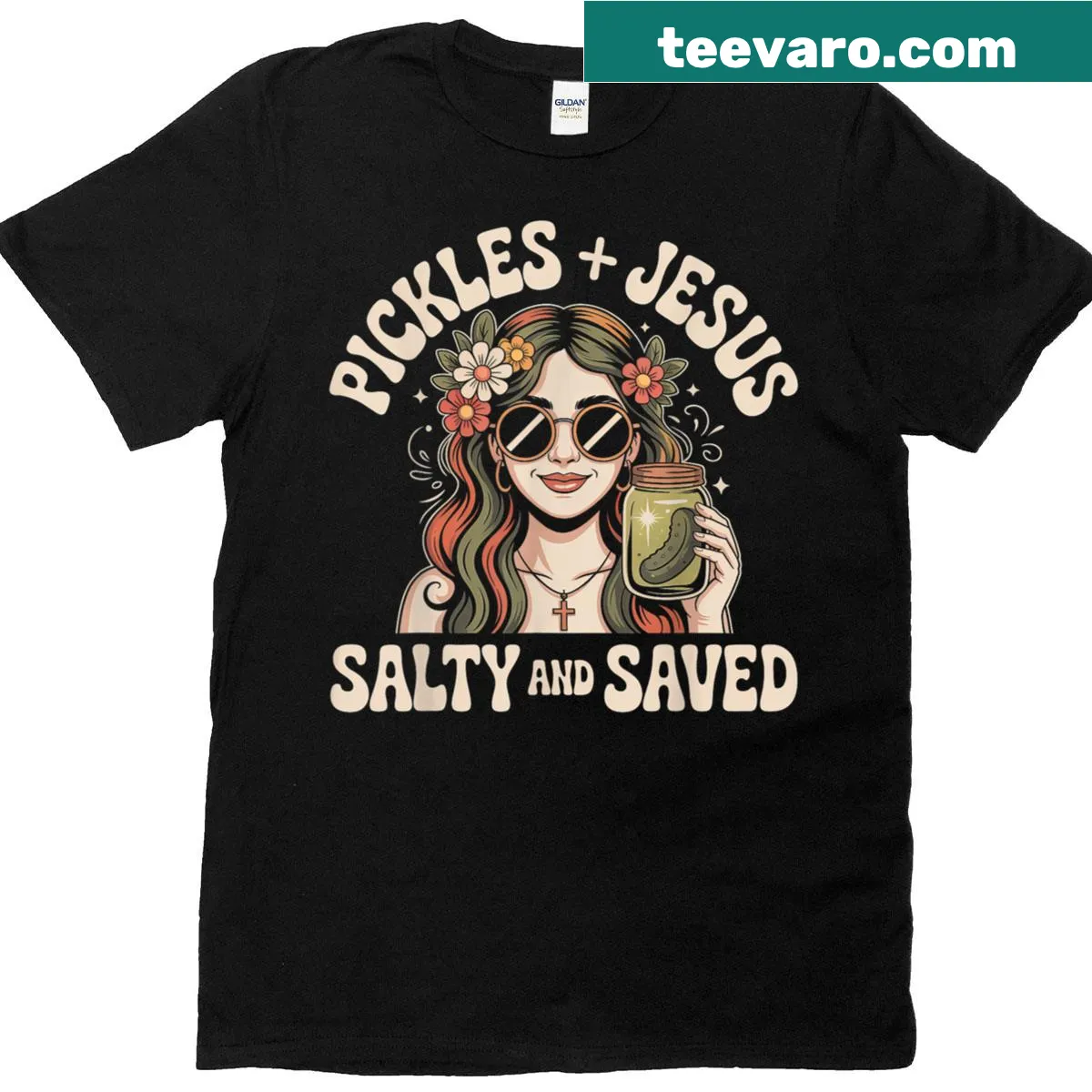 Retro style Christian t-shirt with Pickles Jesus Salty And Saved phrase — on a men's t-shirt