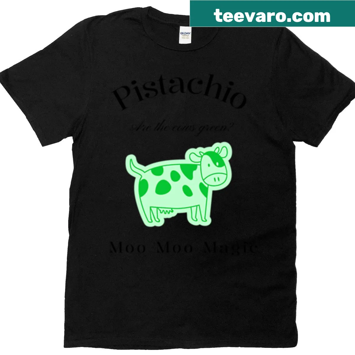 Whimsical t-shirt with Pistachio Moo Moo Magic design — on a men's t-shirt