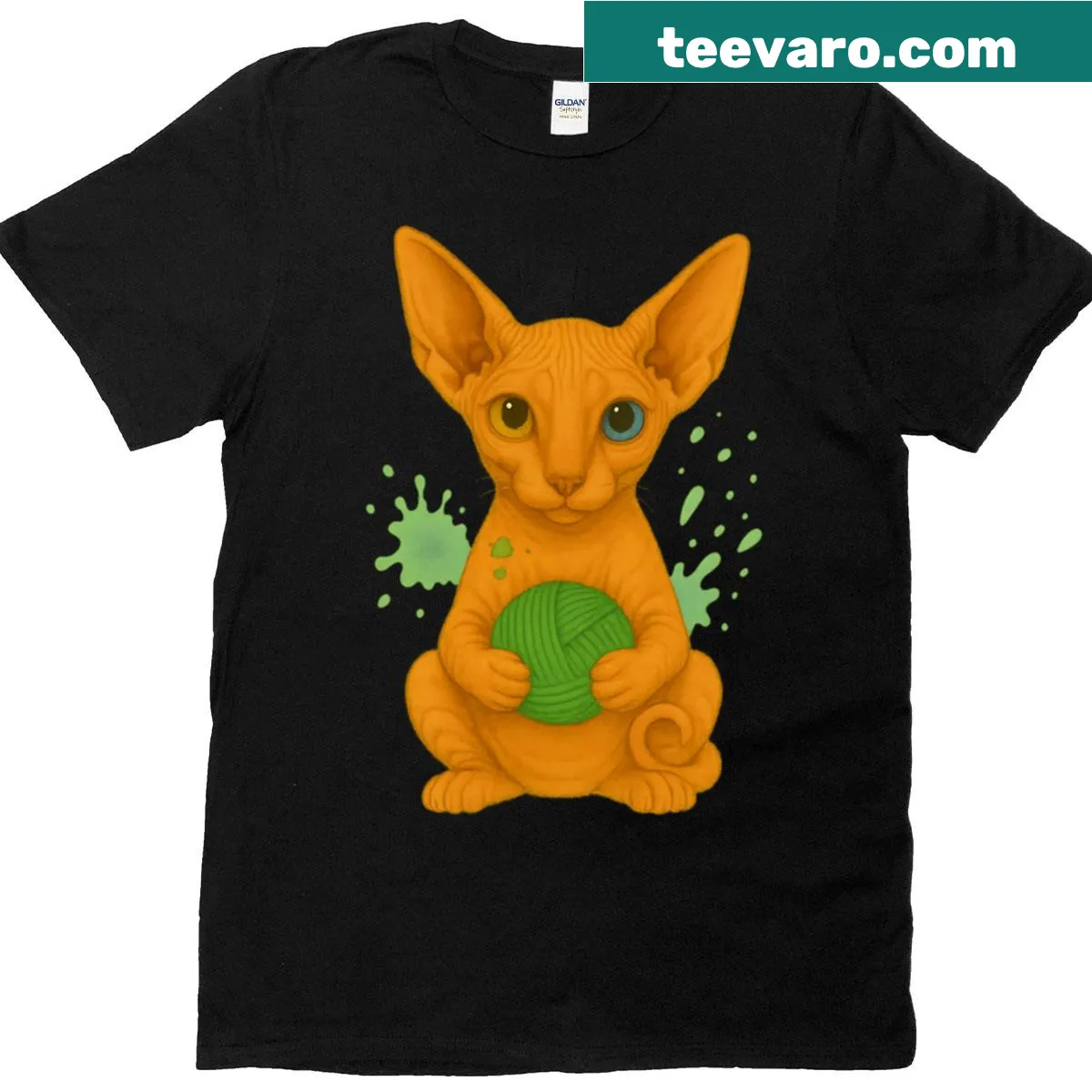 Playful Sphynx cat with heterochromatic eyes and green ball design — on a men's t-shirt