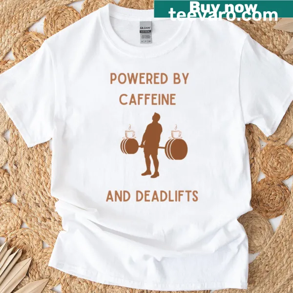 Funny gym-themed shirt with coffee and weights illustration