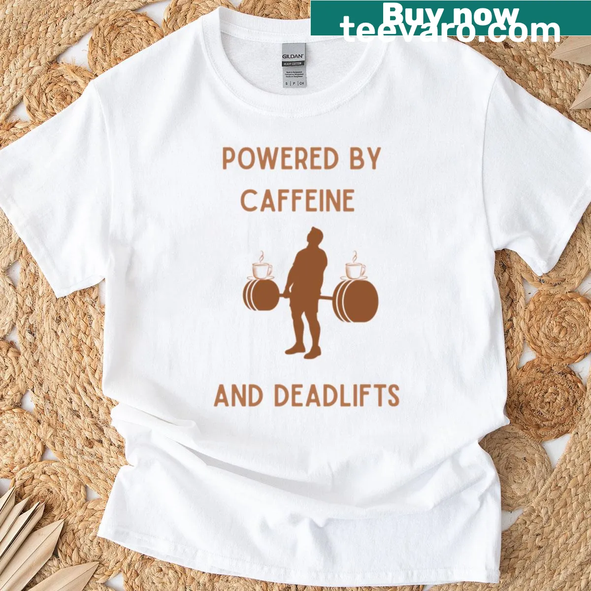 Funny gym-themed shirt with coffee and weights illustration — on a men's t-shirt