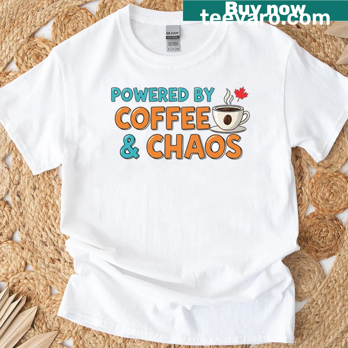 Cartoon-style T-shirt featuring chaotic coffee illustrations — on a men's t-shirt