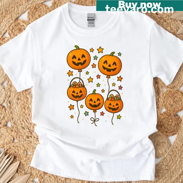 Illustrated t-shirt depicting pumpkins as balloons in a festive parade