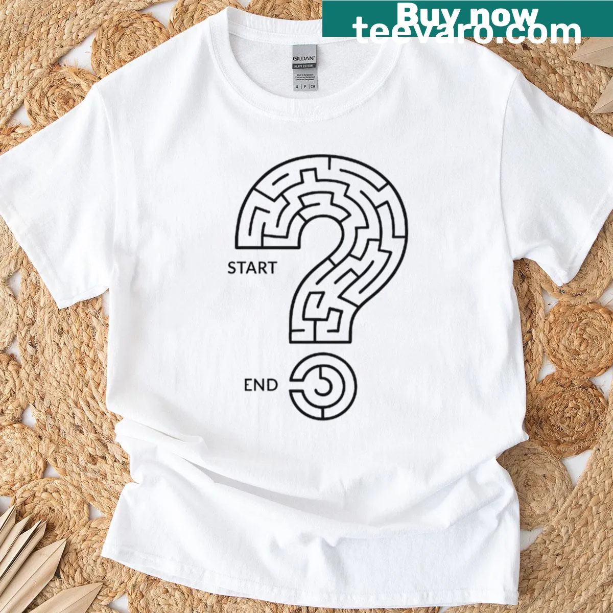 T-shirt featuring a creative maze design made of question marks. — on a men's t-shirt