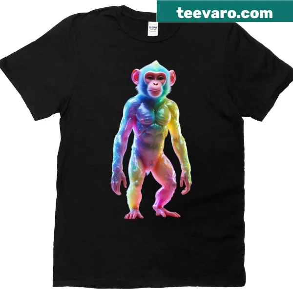 Futuristic neon monkey design with holographic details on a T-shirt