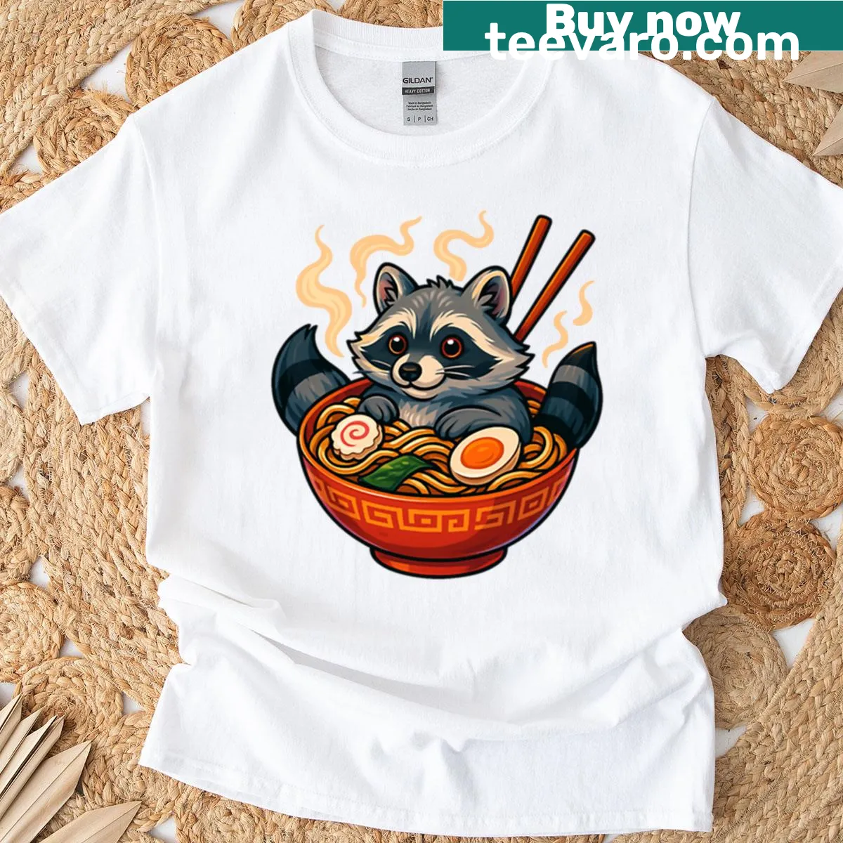Cute raccoon Yuki relaxing in ramen bowl on T-shirt — on a men's t-shirt