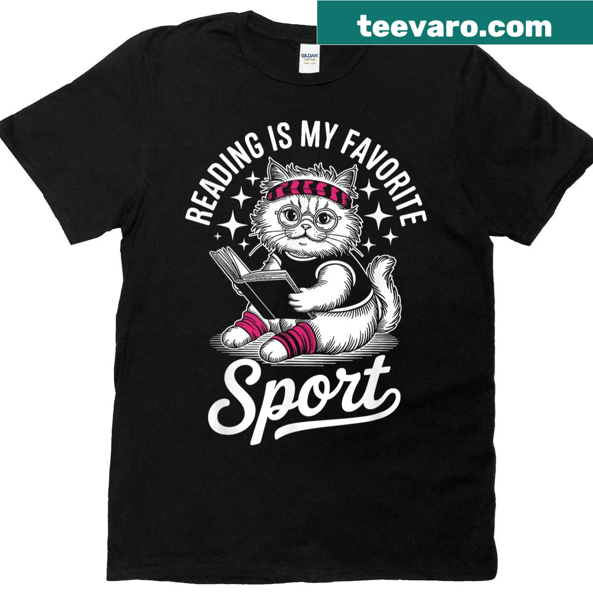 Typography and cat graphic saying 'Reading Is My Favorite Sport.' — on a men's t-shirt