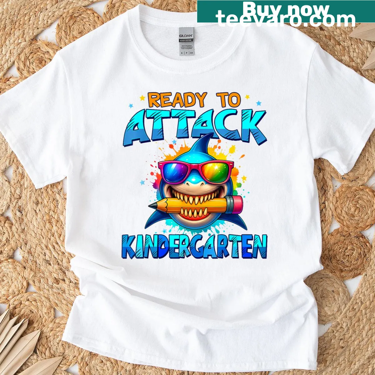 Cartoon shark graphic on kindergarten t-shirt with fun text — on a men's t-shirt