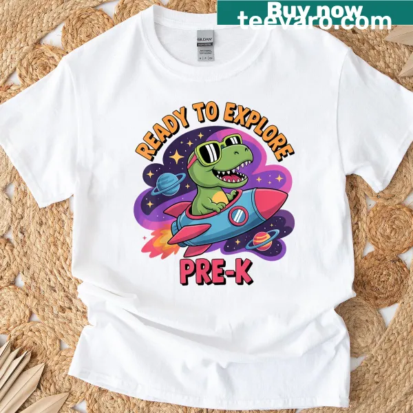 Dinosaur T-rex in a rocket graphic on pre-k t-shirt