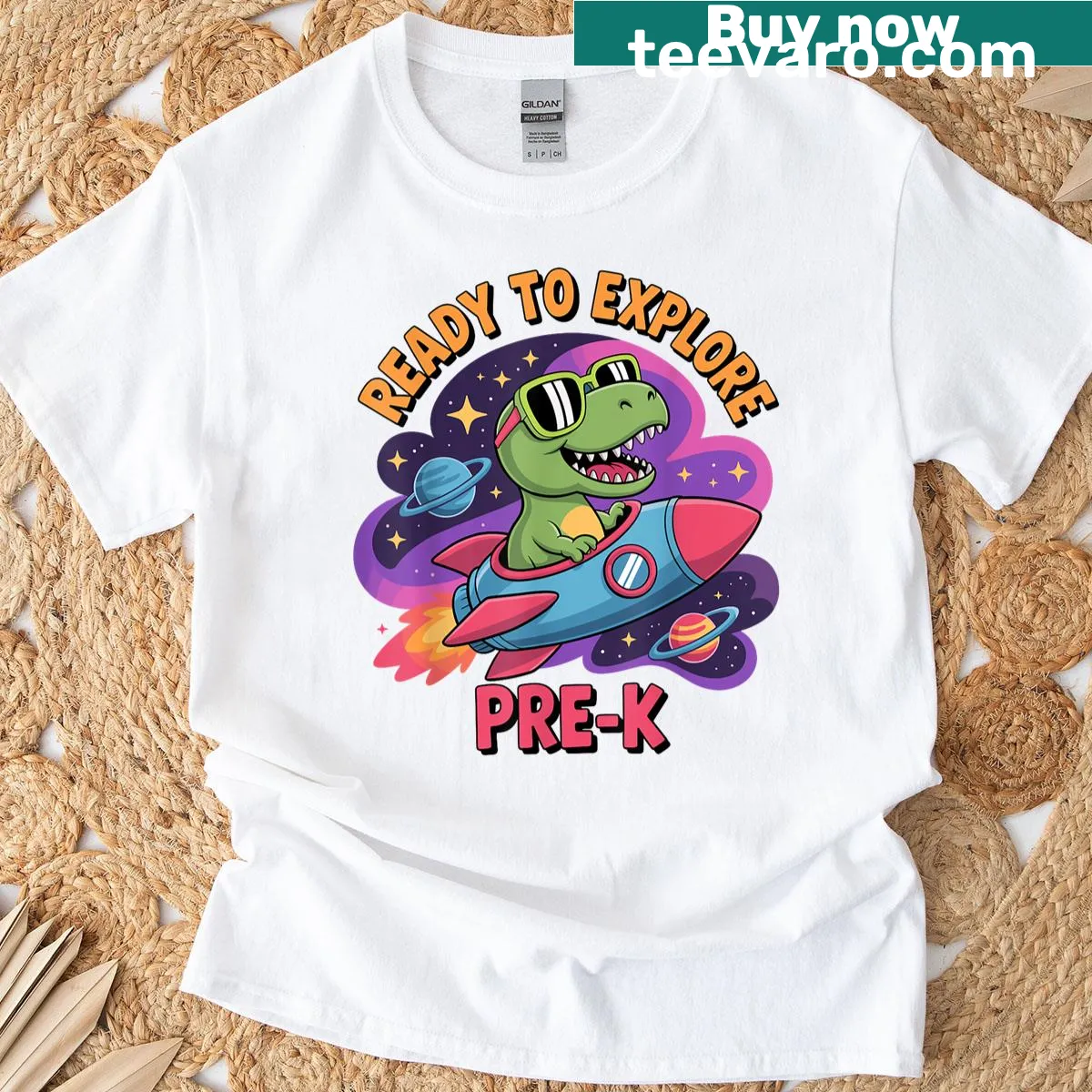 Dinosaur T-rex in a rocket graphic on pre-k t-shirt — on a men's t-shirt
