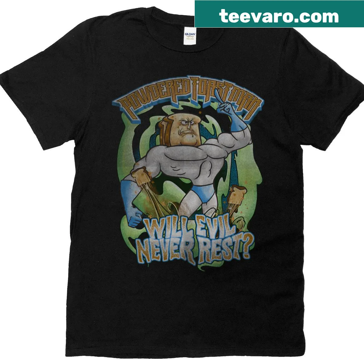 Cartoon graphic of Powdered Toast Man with text on t-shirt — on a men's t-shirt