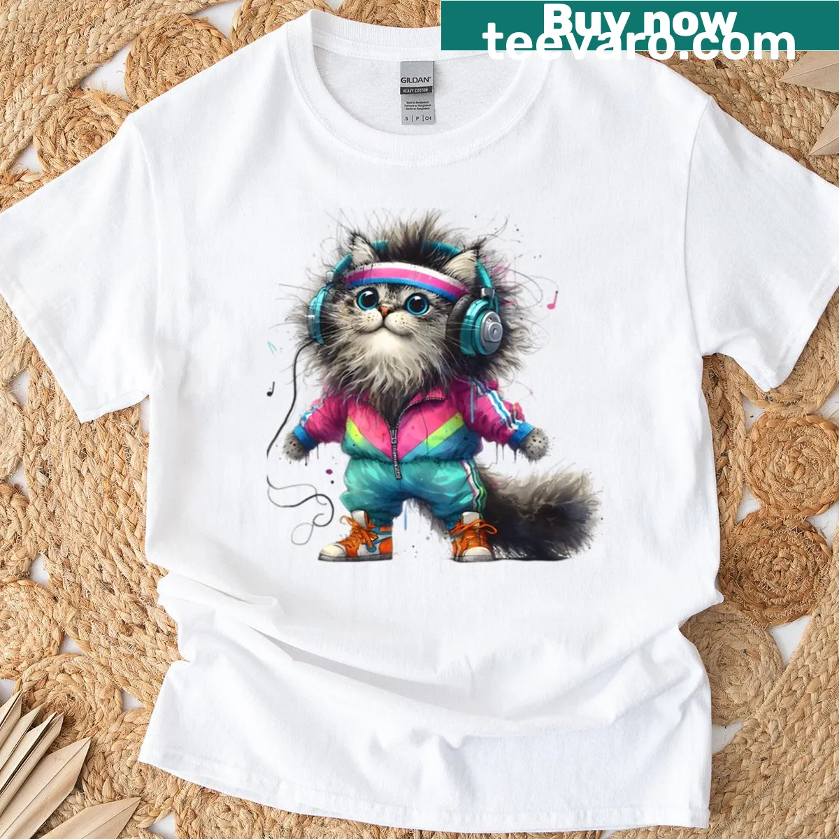 Funny 80s design t-shirt featuring a fitness cat illustration — on a men's t-shirt