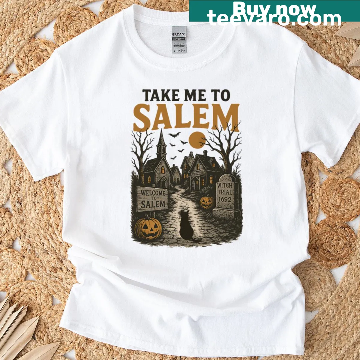 Retro Halloween T-shirt with 'Take Me To Salem' design — on a men's t-shirt