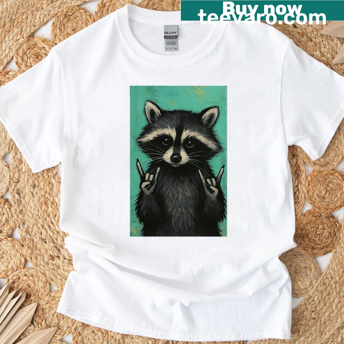 Oversized T-shirt featuring a rock and roll raccoon graphic — on a men's t-shirt