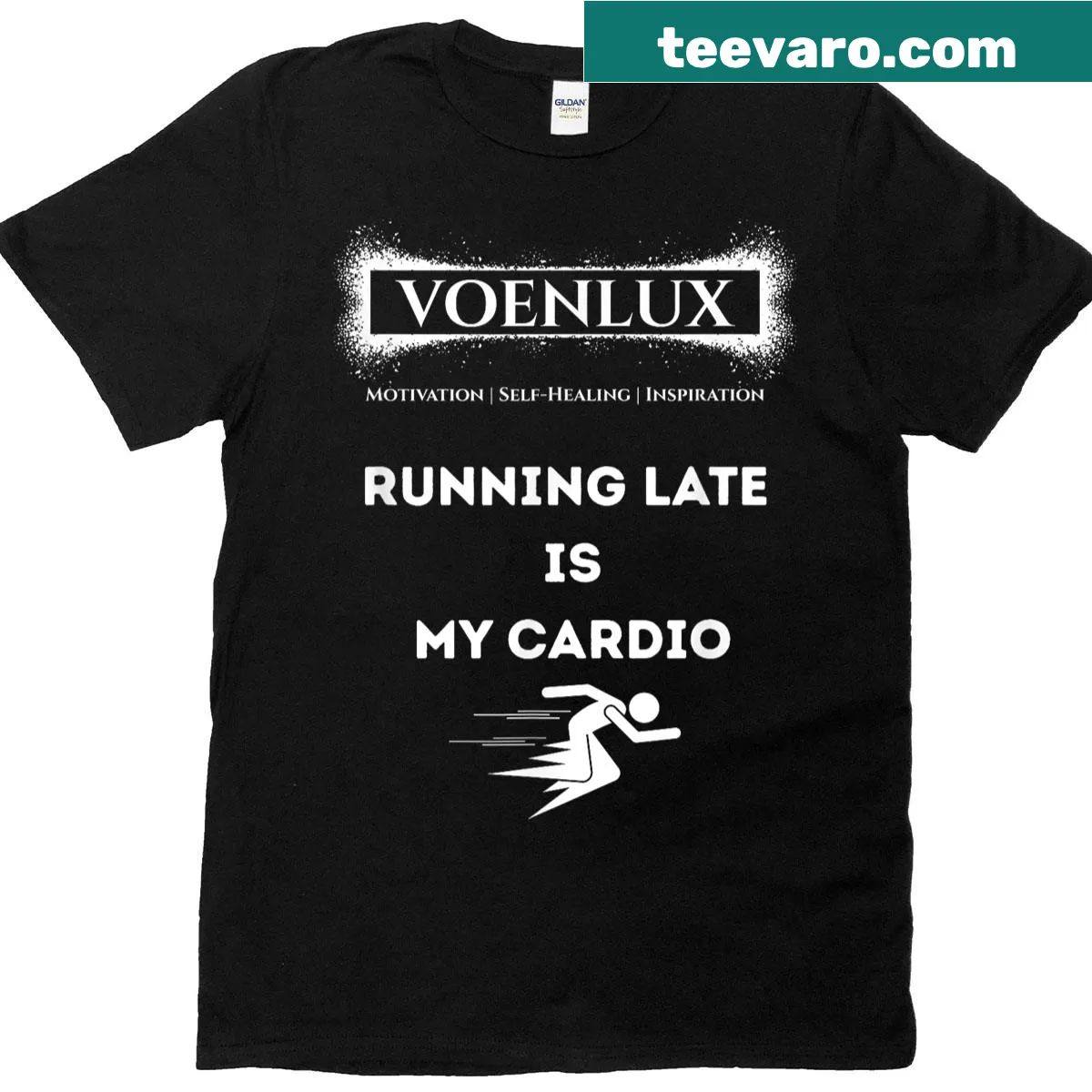 Funny t-shirt with 'Running Late Is My Cardio' text — on a men's t-shirt