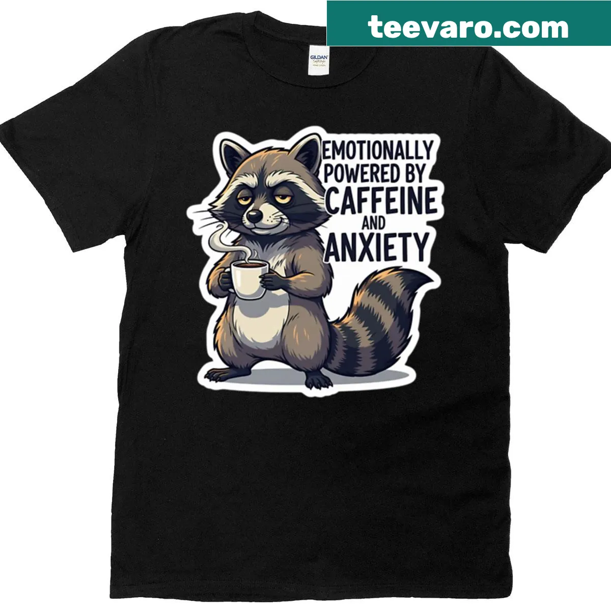 Sassy raccoon graphic stating caffeine and anxiety — on a men's t-shirt