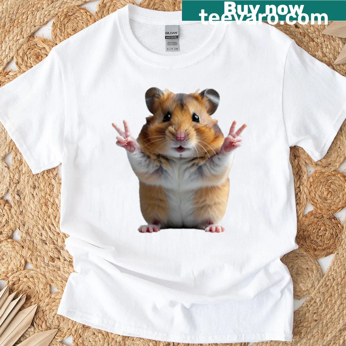 Cute hamster t-shirt featuring a cheerful design with a V sign — on a men's t-shirt