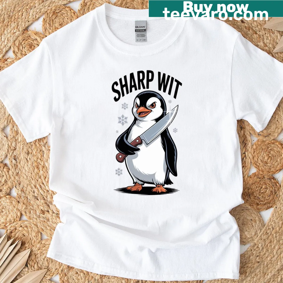 Cartoon penguin t-shirt with humorous text — on a men's t-shirt