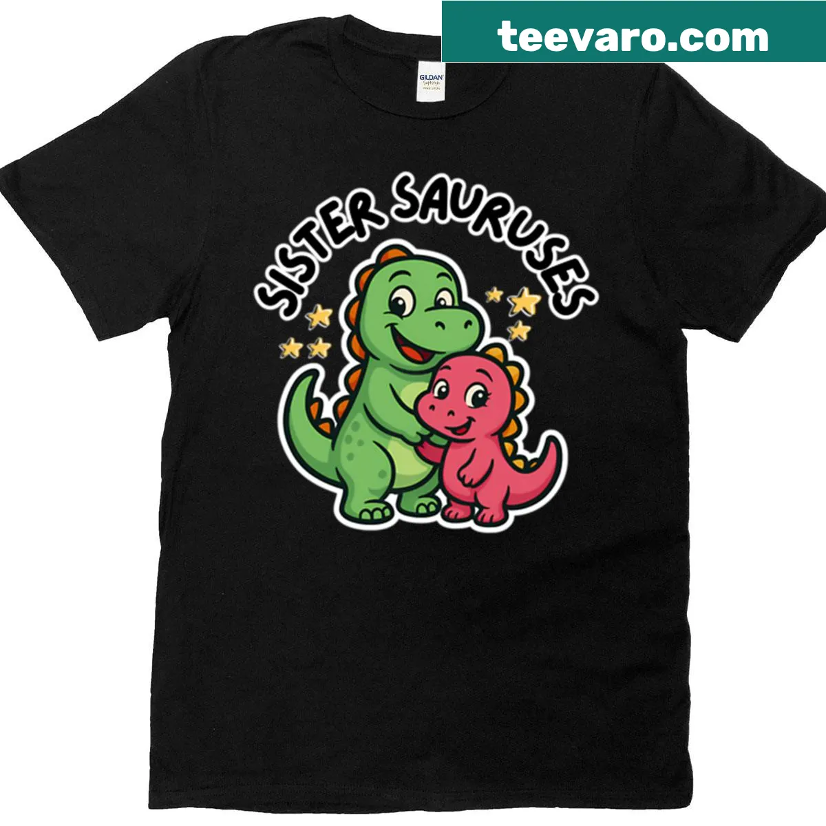 Cute t-shirt featuring cartoon dinosaurs and the text 'Sister Sauruses' — on a men's t-shirt