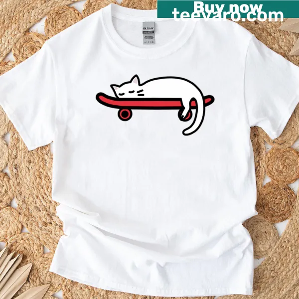 Cartoon cat skateboarding in a playful design.