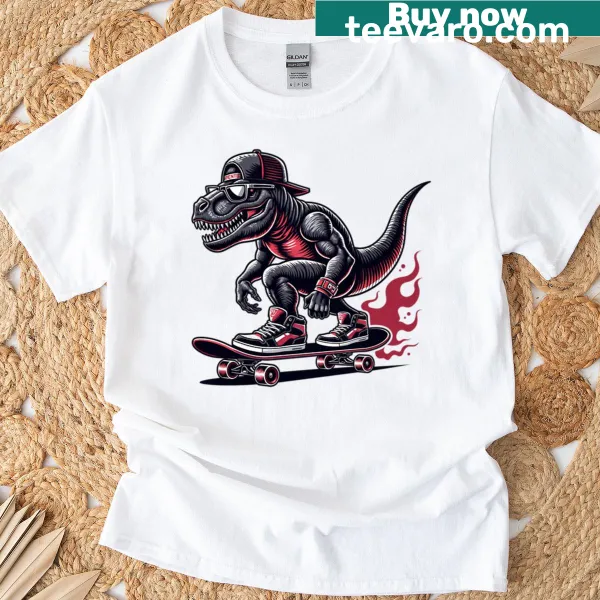 Cool T-rex dinosaur on a skateboard in a fun cartoon style.