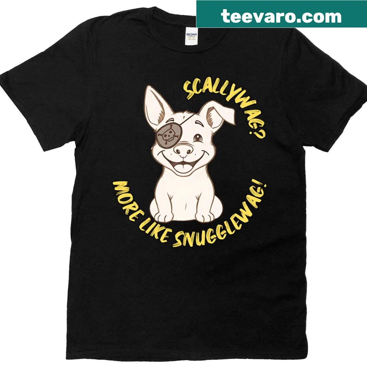 Oversized dog-themed shirt with pirate pup quote — on a men's t-shirt