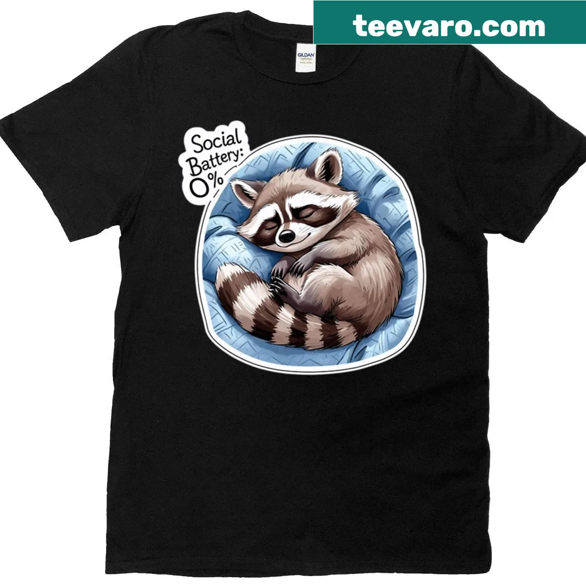 Raccoon illustration on t-shirt with drained battery symbol — on a men's t-shirt