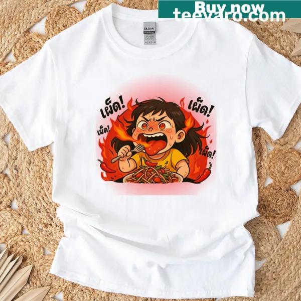 Funny Spicy Thai Food Challenge cartoon design T-shirt.
