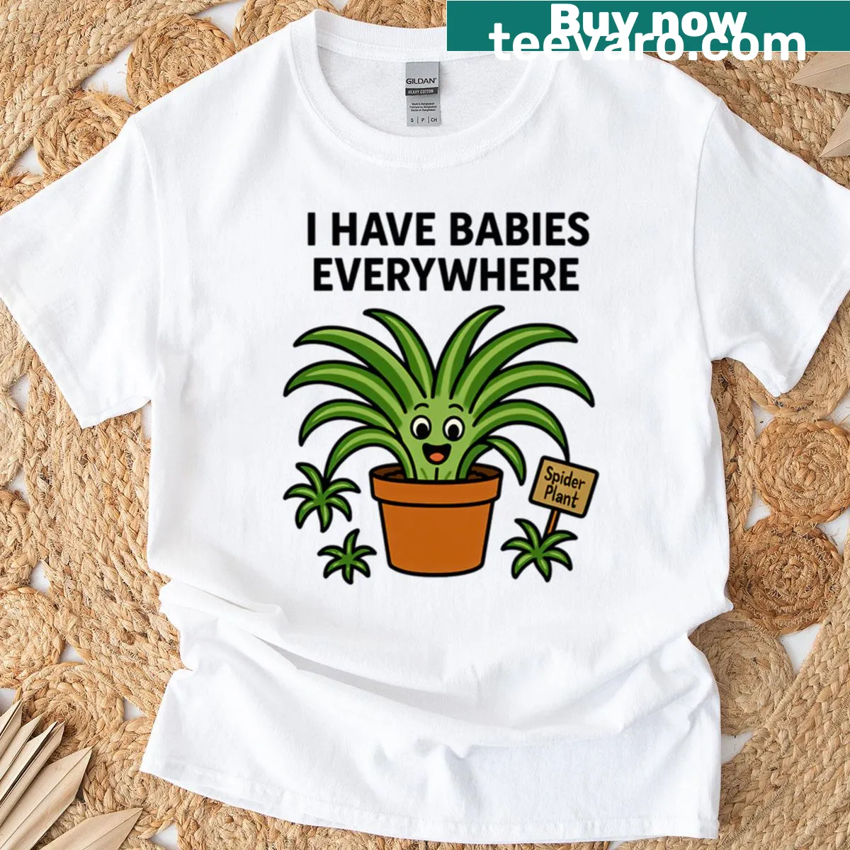 Funny t-shirt with cartoon spider plant character stating 'I Have Babies Everywhere' — on a men's t-shirt