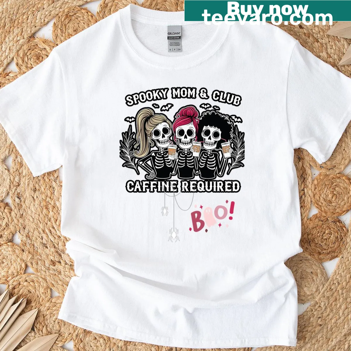 Halloween t-shirt with a design celebrating the Spooky Mom Club and coffee lovers — on a men's t-shirt