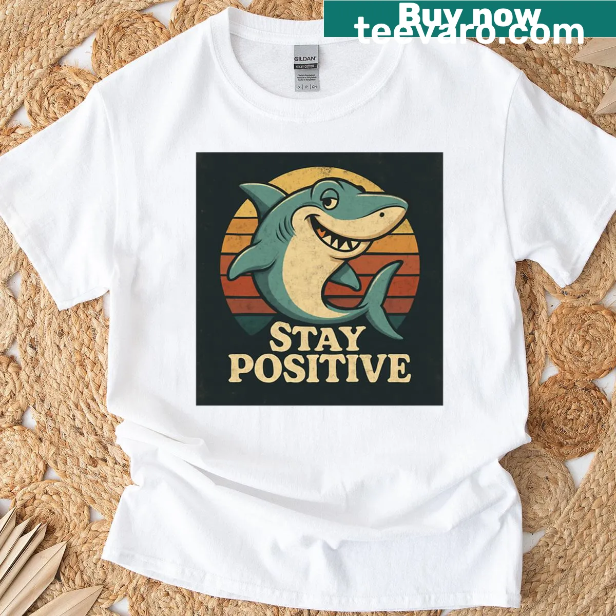 Retro T-shirt with a cheerful shark and the phrase Stay Positive — on a men's t-shirt