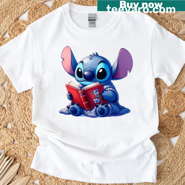 Cute Stitch character reading a book on a T-shirt for kids
