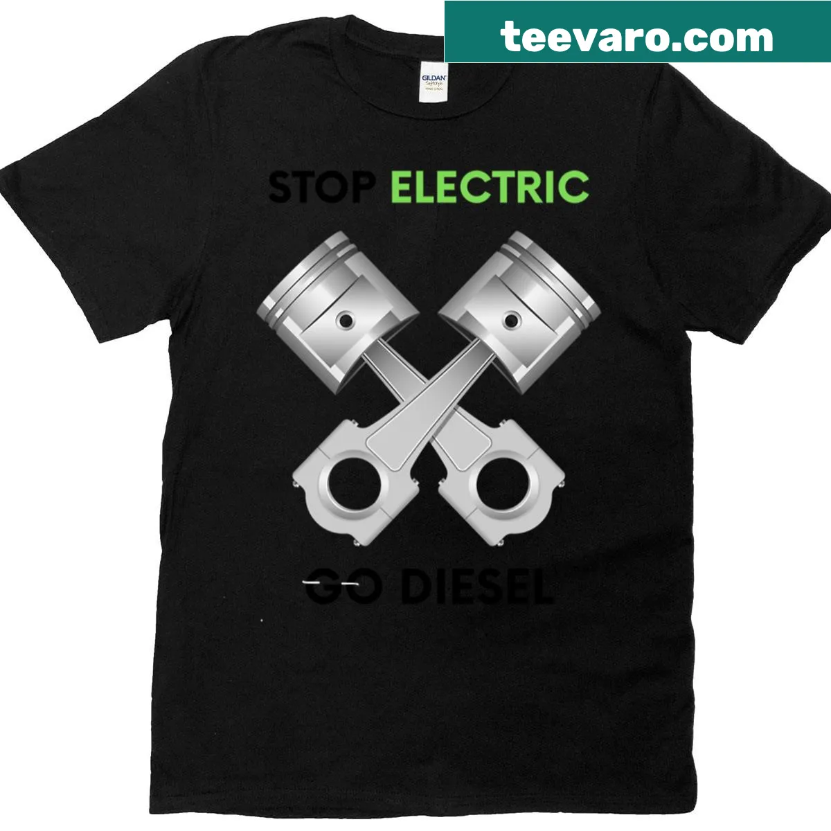 Funny t-shirt with bold text 'Stop Electric Go Diesel' — on a men's t-shirt