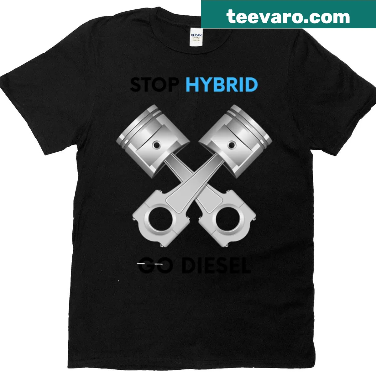 T-shirt featuring 'Stop Hybrid Go Diesel' wording in bold typography. — on a men's t-shirt