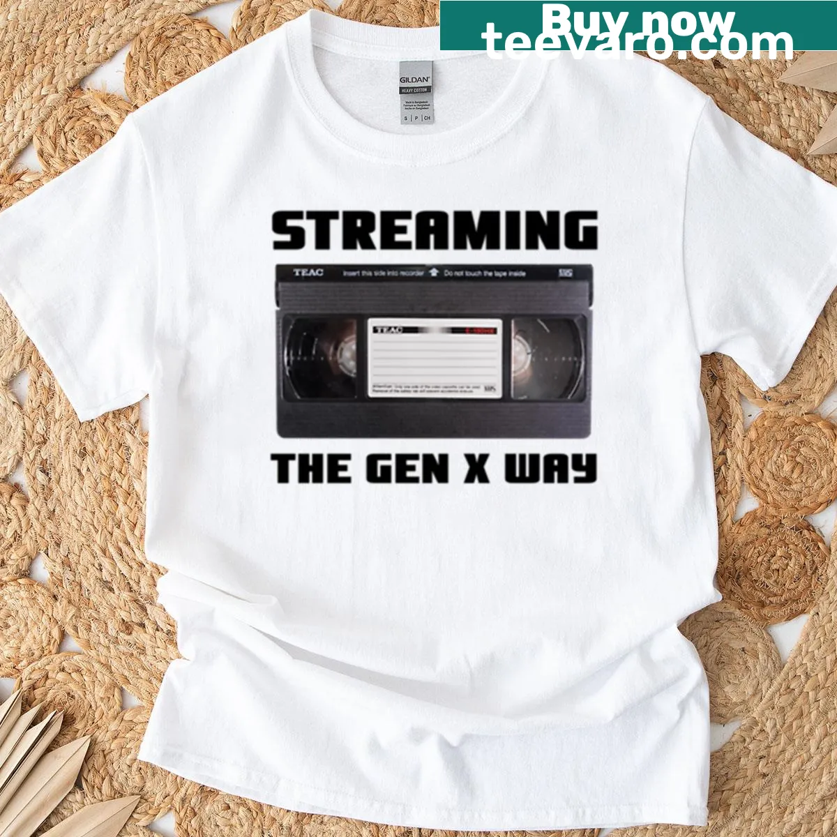 Vintage-style T-shirt featuring a VHS tape and humorous text — on a men's t-shirt
