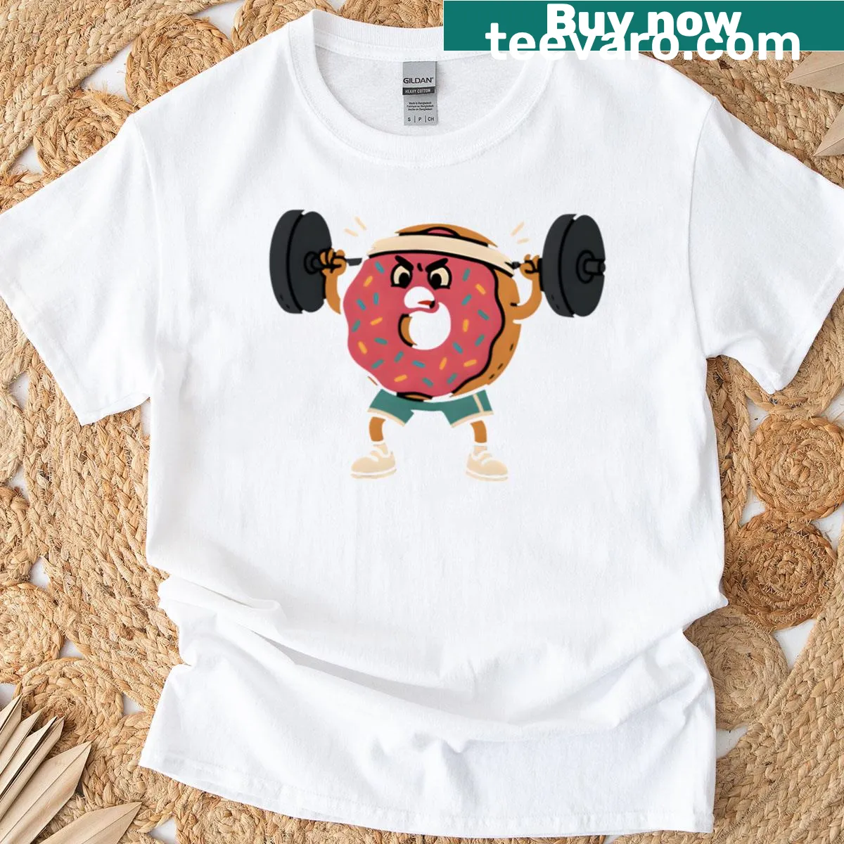 Funny t-shirt with an illustration of a donut lifting weights — on a men's t-shirt