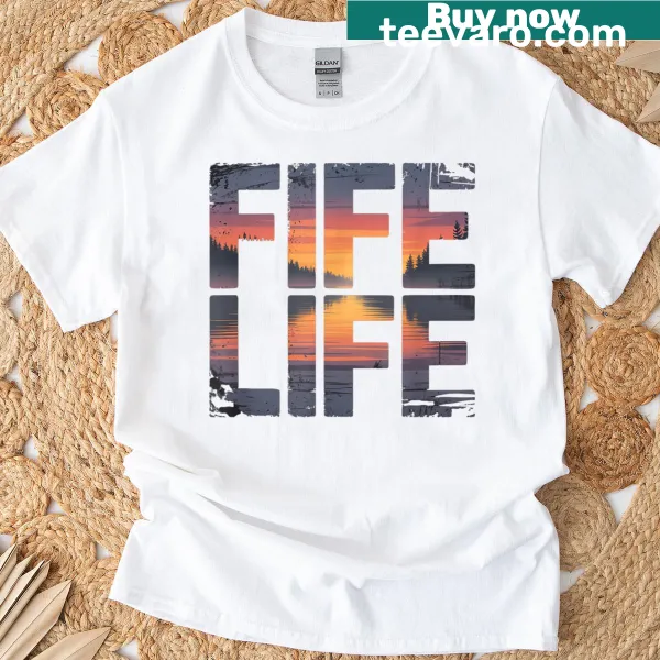 Illustrative Sunset Fife Lake T-shirt reflecting Northern Michigan's beauty.