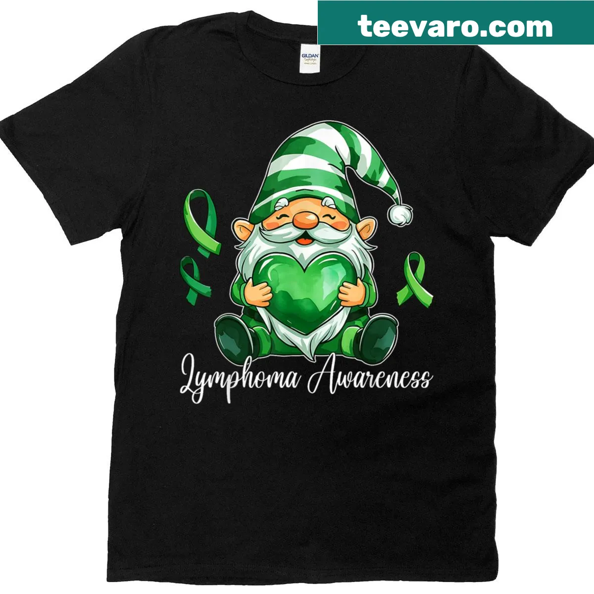 Cute gnome holding a heart for lymphoma awareness on a t-shirt. — on a men's t-shirt