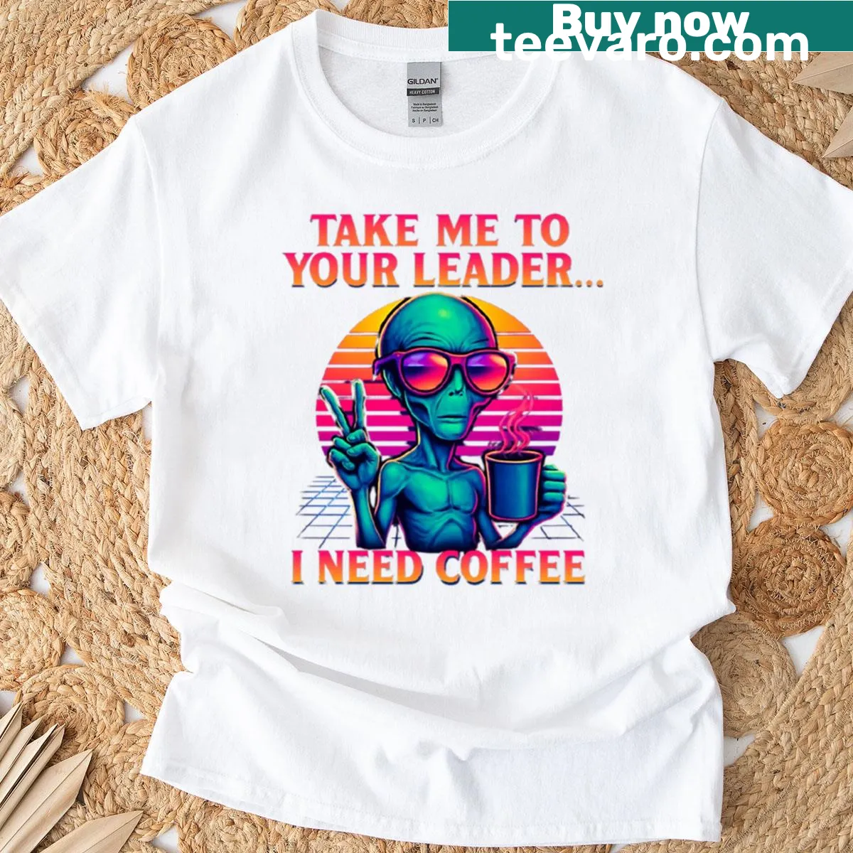 Funny alien graphic requesting coffee in oversized T-shirt — on a men's t-shirt